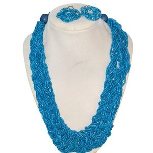 Vintage Turquoise blue braided Seed Bead necklace & dangly earrings set